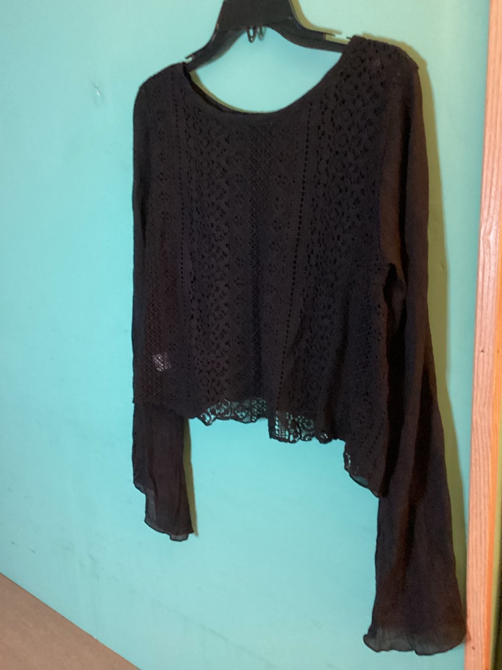 Mine Bell Sleeve Crochet Back Cropped Blouse Size Large GUC - Picture 2 of 10